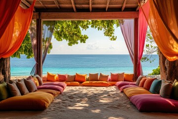 Obraz premium Beachfront relaxation lounge, ocean view, colorful pillows, tropical getaway