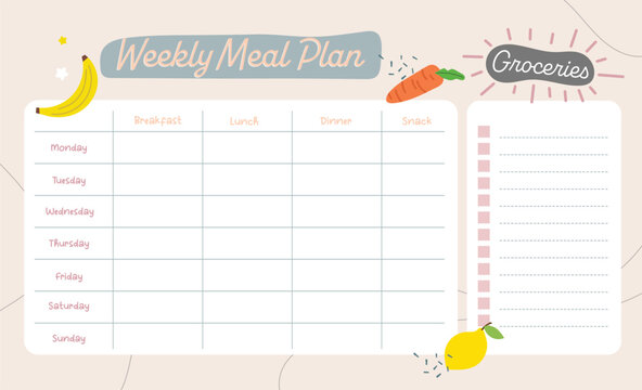 flat design colorful fun food vector monthly weekly meal budget plan, ready to print 