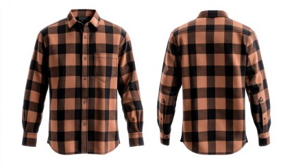 Brown and black plaid flannel long sleeve shirt with checkered pattern for casual wear