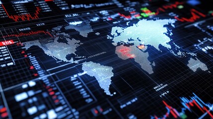 Fototapeta premium World Map with Data Visualization Overlay for Financial Markets Analysis and Global Trends