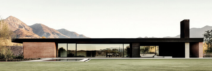Modern architectural design of a home surrounded by mountains in bright daylight