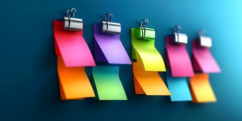 Colorful sticky notes hanging from clipboard clips against a blue background, arranged in a visually pleasing manner. Concept Colorful Sticky Notes, Clipboard Clips Arrangement, Visual Aesthetics