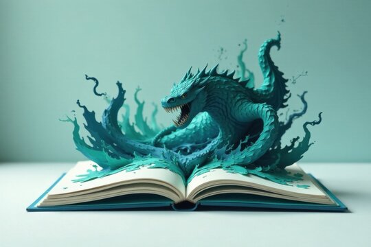 A fearsome aquatic dragon bursts from the pages of an open book, its scales shimmering, surrounded by dynamic waves of turquoise liquid.