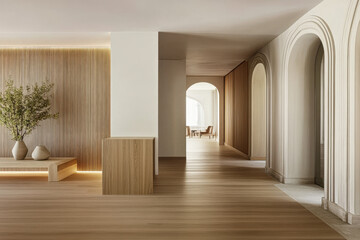 Obraz premium Modern interior design featuring arches and natural wood elements in a contemporary space