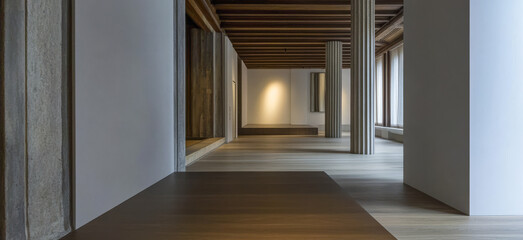 Obraz premium Modern architectural interior featuring wooden floors and sleek design in a spacious area