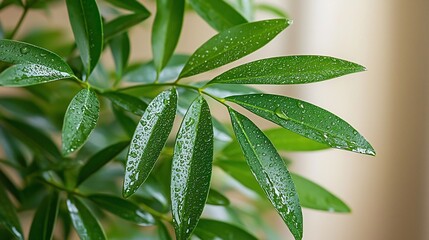 Close-up of vibrant green leaves with water droplets.