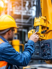 Worker in safety gear operating machinery at an industrial site with equipment and structures in background