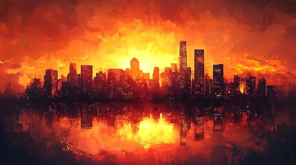 Fototapeta premium Cityscape with fiery orange sunset, silhouettes and glowing skyline