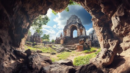 Naklejka premium Ancient Temple Ruins Surrounded by Lush Nature and Dramatic Sky