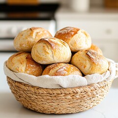 Freshly Baked Bread Rolls in Woven Basket on White Countertop in Bright Kitchen Setting