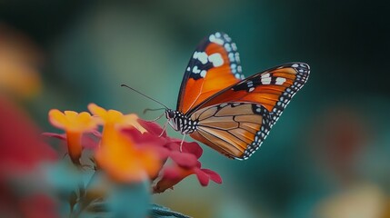 Fototapeta premium Vibrant Monarch Butterfly Perched on Colorful Flower Blooms