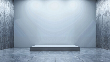 Empty exhibition space with a gray backdrop