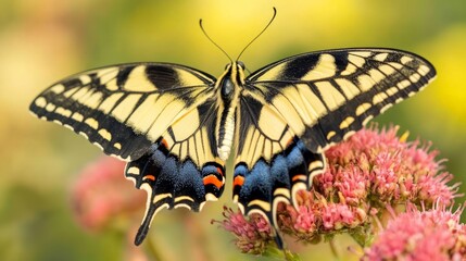 Naklejka premium Colorful Butterfly Resting on Vibrant Pink Flowers in Nature