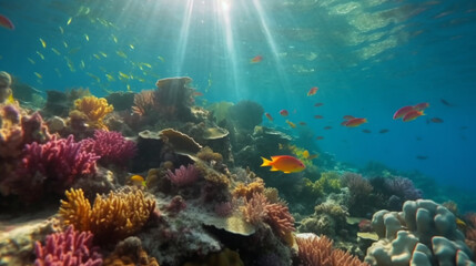 Fototapeta premium Vibrant Coral Reef Underwater Scene Colorful Fish Tropical Ocean Aquatic Life Sunbeams Nature 