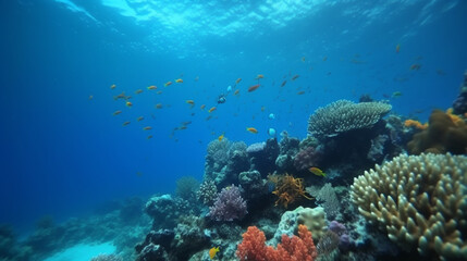 Fototapeta premium Vibrant Tropical Reef Colorful Fish Underwater Scene Ocean Life Coral Sea Blue Pink Green World 