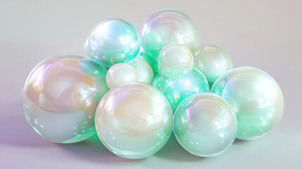 A cluster of soft glowing translucent bubbles in varying shades of green and turquoise, delicately layered against a muted pale lavender background