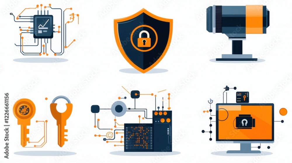 Fototapete Enhancing data security with a set of six icons featuring encryption standards in a digital environment for visual communication