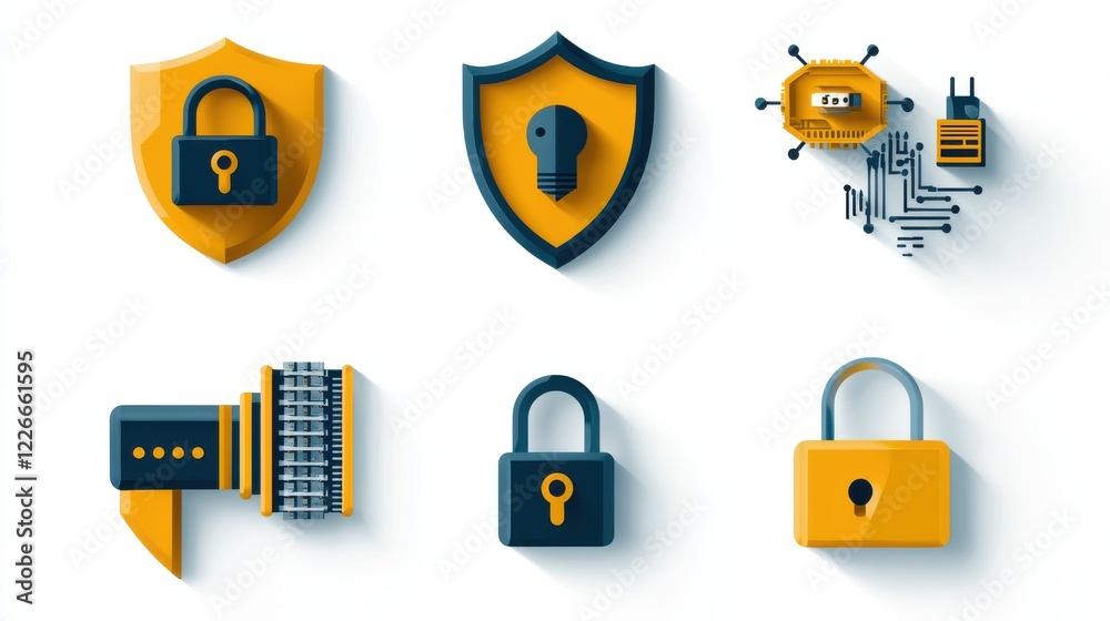 Poster Securing digital frontiers exploring cybersecurity elements through iconic shields and locks in a modern environment