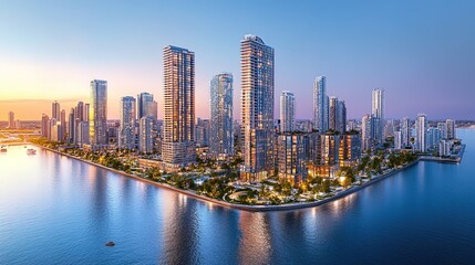 Fototapeta premium A wide shot of a waterfront development project, showcasing residential buildings, parks, and public spaces being constructed 