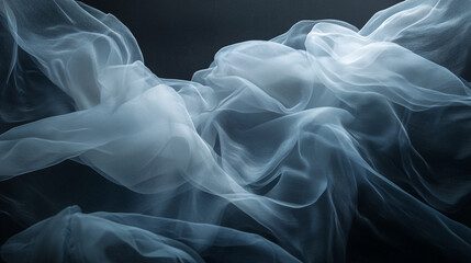 Fototapeta premium Elegant Draped Light Blue Sheer Fabric Texture Background Air Wave Silk Soft Mesh Lace Grey Style 