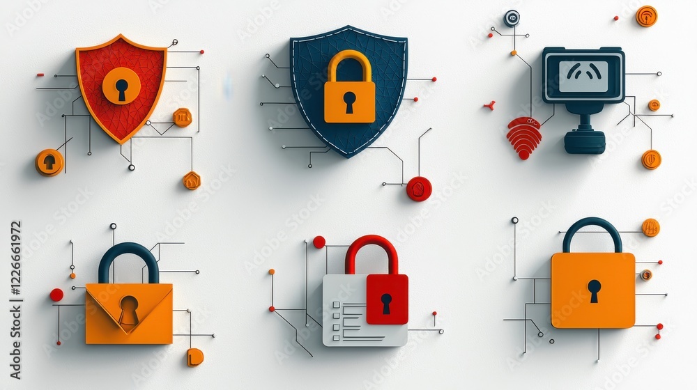 Fototapete enhancing cybersecurity icons of six online security features with lock and keyhole digital environm