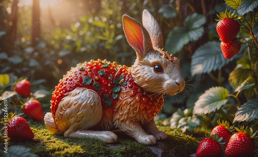 Poster a rabbit is sitting on a bed of strawberries. the rabbit is wearing a strawberry dress and has a str