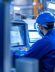 Engineer in blue uniform and helmet operating machinery in a high-tech industrial environment