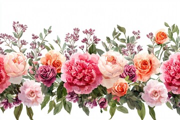 Obraz premium Vibrant floral arrangement featuring peonies, roses, and greenery on a white background, ideal for decor