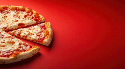 Pizza with a slice removed on a promotional flyer for a pizzeria showcasing its menu and offerings