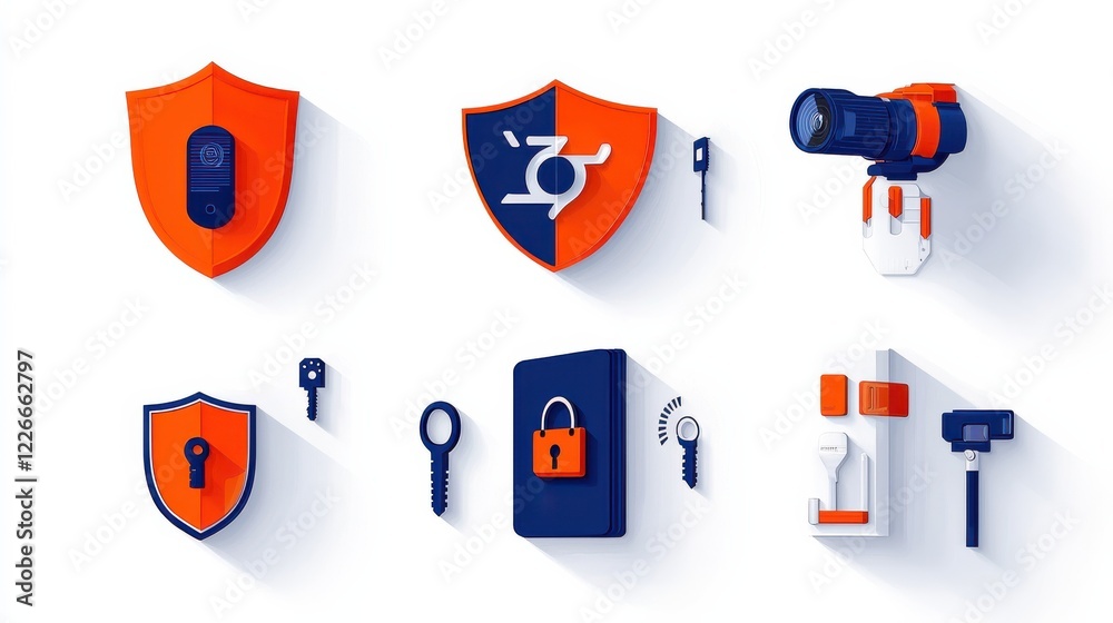 Fototapete Implementing six cybersecurity icons to enhance firewall encryption standards in digital security environments