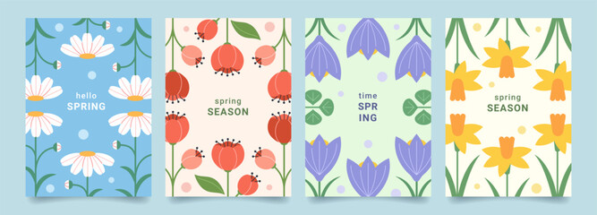 Set of spring modern backgrounds with minimalist geometric flowers. Flat trendy design. Vector template for poster, branding, ads, card, prints, banner.
