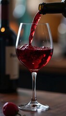 Rich red wine flows from a bottle into a glass, pour, liquor