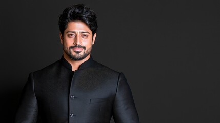 Obraz premium Confident man in black suit, studio portrait