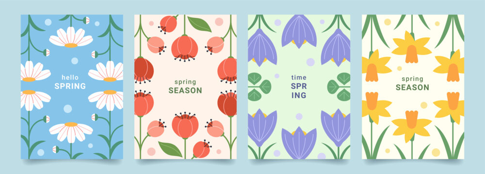 Set of spring modern backgrounds with minimalist geometric flowers. Flat trendy design. Vector template for poster, branding, ads, card, prints, banner.