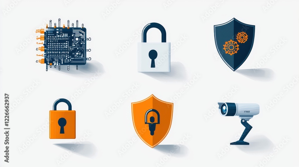 Poster enhancing cybersecurity standards with six iconic firewall lock symbols in a digital environment