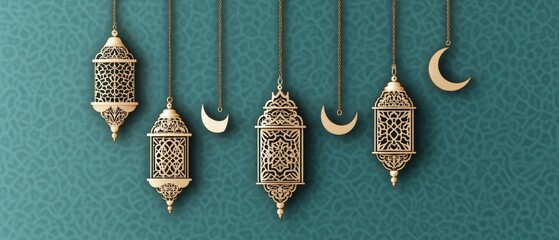 Elegant decorative lanterns and crescent moons hanging against a background, embodying cultural heritage and spirituality. a month of Ramadan, reflecting the spiritual essence of Islam