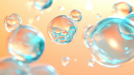 Fototapeta premium A mesmerizing arrangement of sapphire and teal bubbles floating serenely, surrounded by diffused glowing light on a warm peach solid background