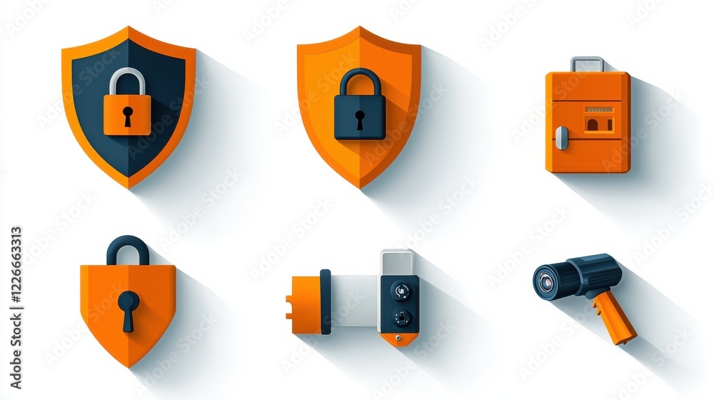 Aufkleber Enhancing digital security six shield icons with lock bio standards for cyber protection graphic design modern digital environment focus on security concept