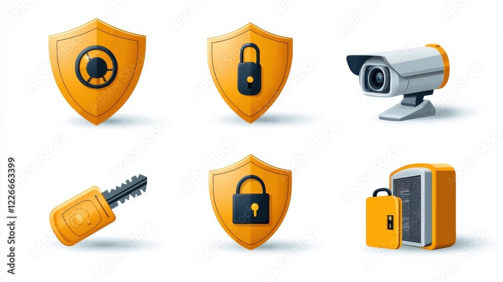 Aufkleber enhancing security with six shield icons featuring lock bio standards for digital protection and saf