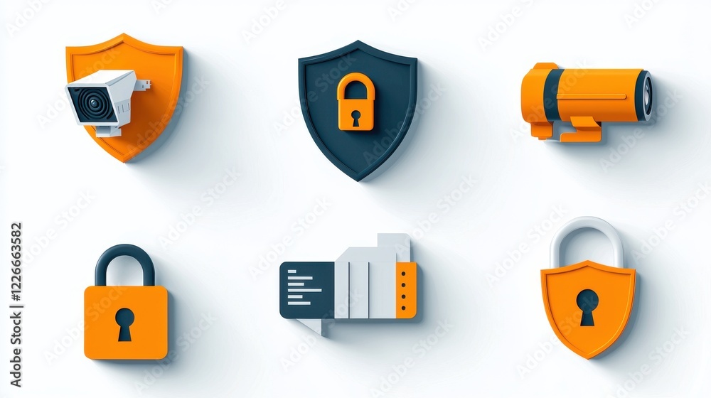 Poster enhancing digital security six iconic representations of padlock shield and biometric standards in m