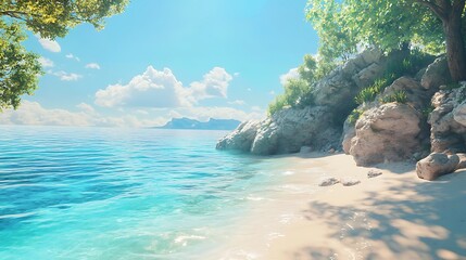 Fototapeta premium Stunning tropical beach turquoise waters forested hillside under gentle sunrise glow