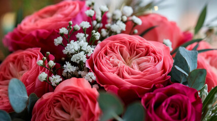 Fototapeta premium Bouquet of pale pink flowers with lavender hints, featuring soft ruffled petals and scattered green buds. Set against a creamy blurred background, the dreamy pastel palette evokes calmness