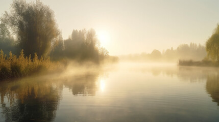 Misty Sunrise Golden Lake Tranquil Autumn Peaceful Nature Scene Serene Landscape Beautiful Calm     