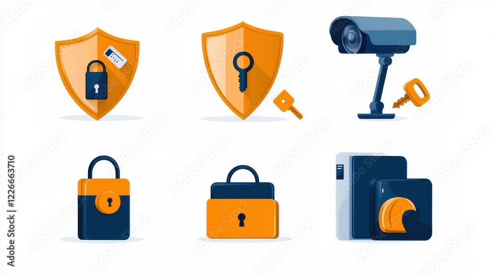 Poster enhancing digital safety six symbols of online security shields with key d standard for comprehensiv