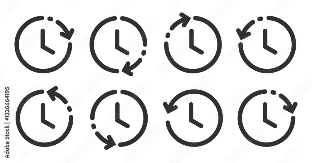 Poster time clock history back arrow ui interface icon vector graphic element set, reverse timer line outli