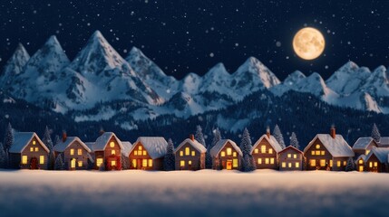 Fototapeta premium A small town with houses and a large moon in the sky