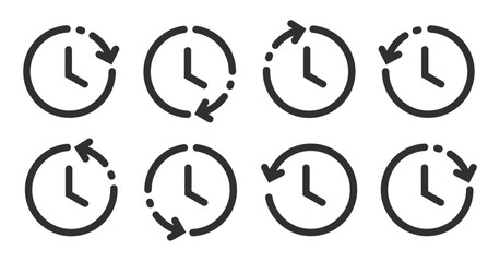 Time clock history back arrow ui interface icon vector graphic element set, reverse timer line outline stroke, past period interval stopwatch sign symbol simple pictogram, rotation backward clip art
