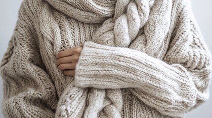 Close-up of woman wearing a chunky knit beige sweater and scarf.