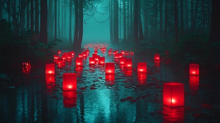 Red lanterns float on moonlit forest stream, magical pathway