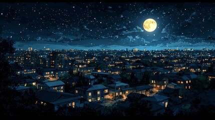 Naklejka premium Nighttime Cityscape with Stars and Bright Moon Over Urban Area